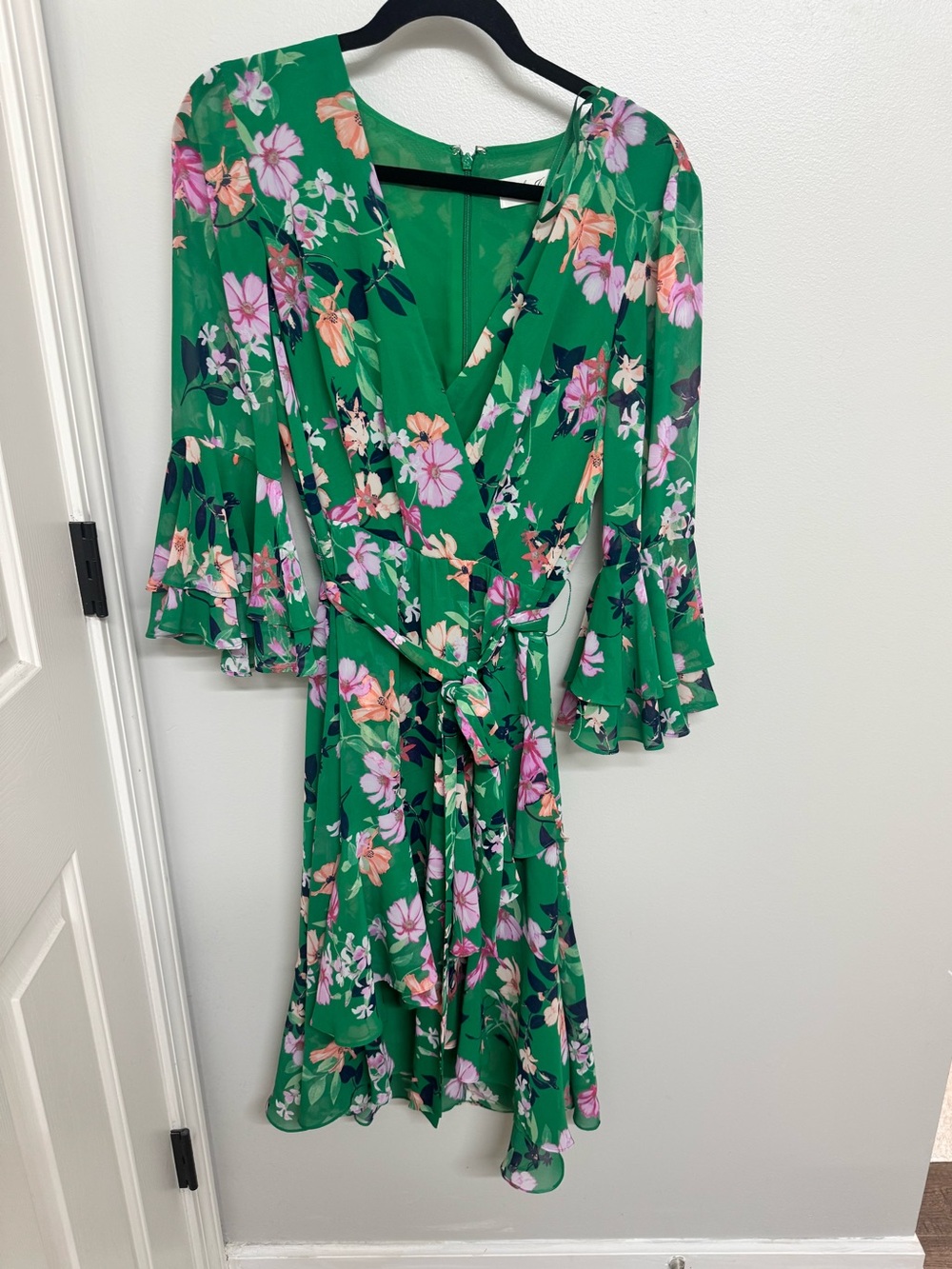 Green Floral Wrap Dress with Ruffled Sleeves
